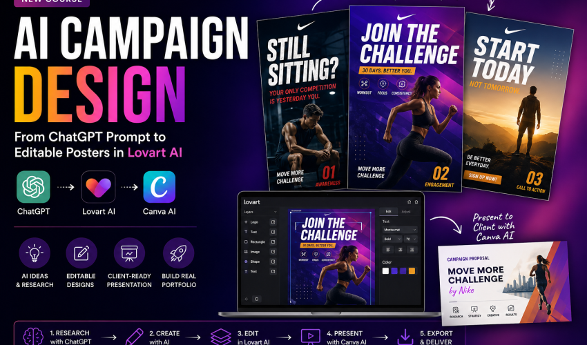 From Prompt to Pitch AI Campaign Design course featuring ChatGPT, Lovart AI, and Canva AI workflow for creating editable marketing campaign posters.
